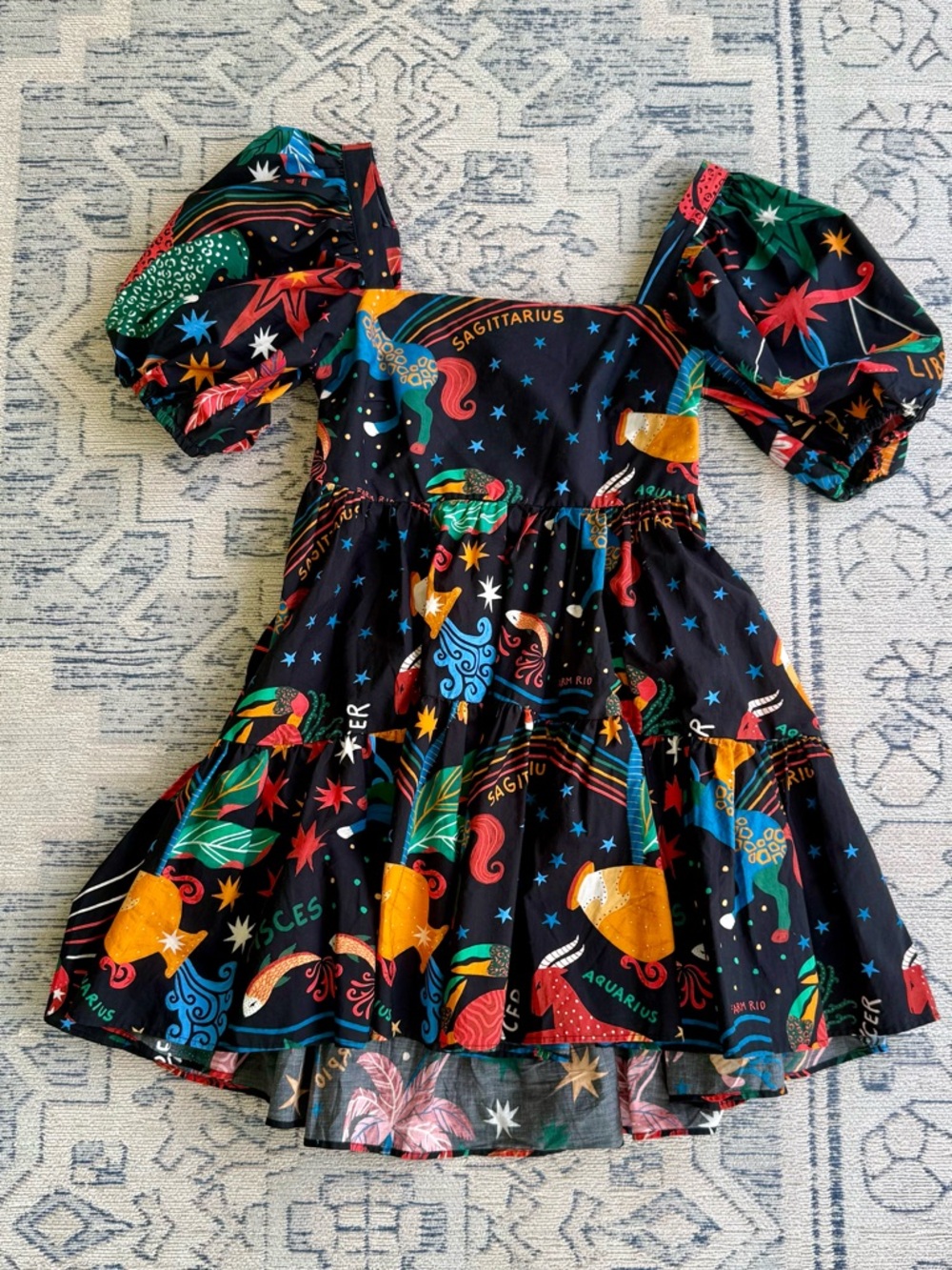 FARM Rio Black Zodiac Print Puff-Sleeve Dress Multicolor